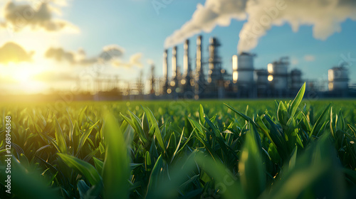 Green Grass Field with Industrial Plant and Sunset Sky in Background