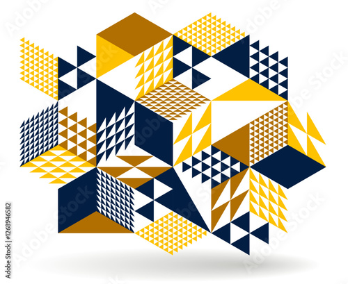 Isometric 3D cubes vector abstract geometric background, yellow abstraction art architecture city buildings theme, cubic shapes and forms composition lowpoly style.