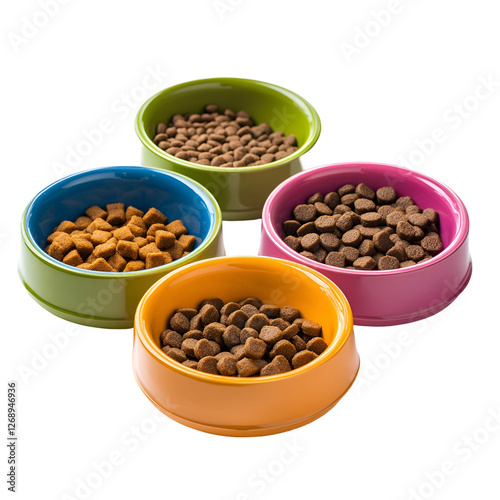 Colorful Pet Food Bowls with Assorted Dry Kibble photo