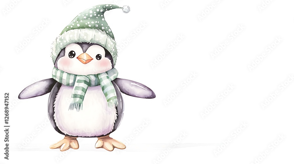 Adorable chibi penguin in a winter elf costume with a fluffy hat, soft watercolor textures, and a cheerful smile, isolated on a white background Adorable chibi penguin in a winter elf costume with a fluffy hat, soft watercolor textures, and a cheerful smile, isolated on a white background