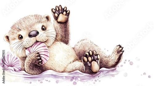 Chibi baby otter floating on its back, holding a tiny seashell, soft watercolor glow, white background