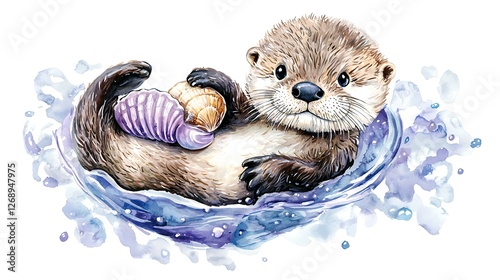 Chibi baby otter floating on its back, holding a tiny seashell, soft watercolor glow, white background