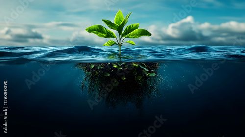 Green Plant Growing From Undersea Island in Blue Ocean With Cloudy Sky Environment Concept