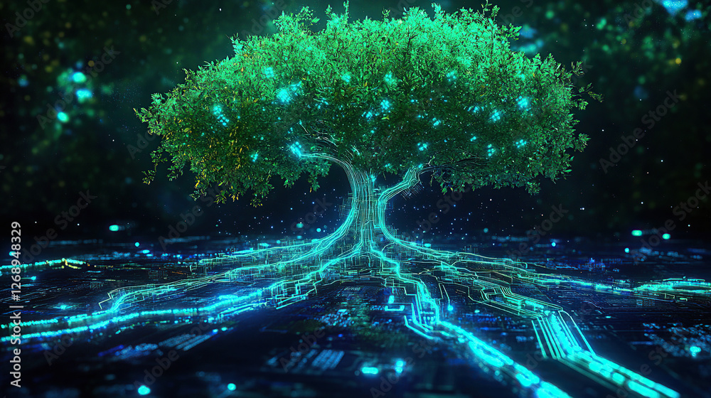 Fototapeta premium Bioluminescent Tree with Circuit Board Roots