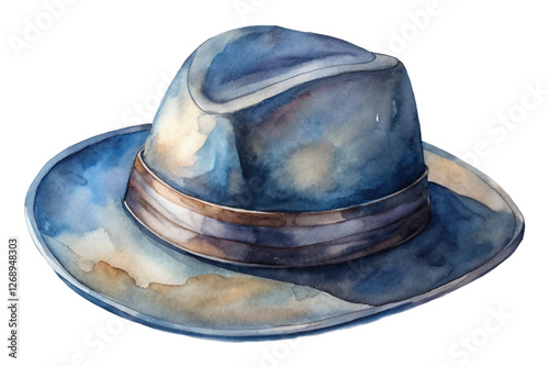 Watercolor hat illustration, stylish headwear design, artistic blue tones, fashion accessory artwork.