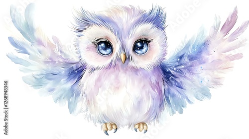 Chibi cosmic owl with wings made of swirling galaxies, staring with glowing eyes, soft watercolor cosmic theme, white background