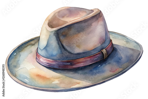 Watercolor hat illustration, vintage style, soft colors, artistic design, fashion accessory, trendy headwear.