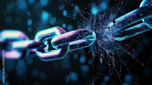 A futuristic broken metal chain with a glowing effect, symbolizing security breaches, data vulnerability, and cybersecurity threats in blockchain technology.
