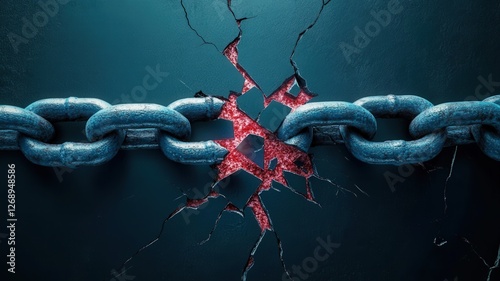 A rustic broken metal chain cracking apart, revealing a dramatic red core effect, symbolizing collapse, weakness, and security failure of the network.