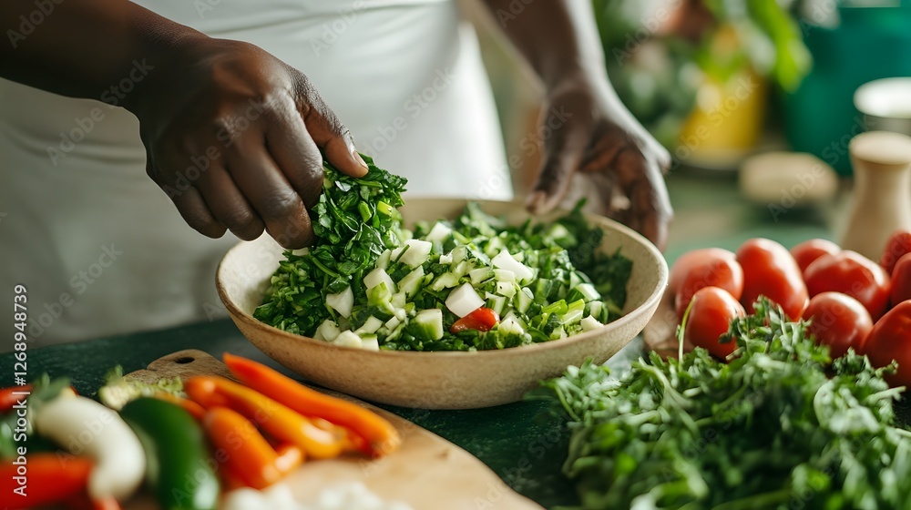 Fresh vegetables being chopped and mixed in a rustic kitchen during a sunny afternoon Fresh vegetables being chopped and mixed in a rustic kitchen during a sunny afternoon