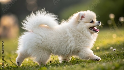 Cheerful pomeranian playing in a lush green park a heartwarming dog photography experience
