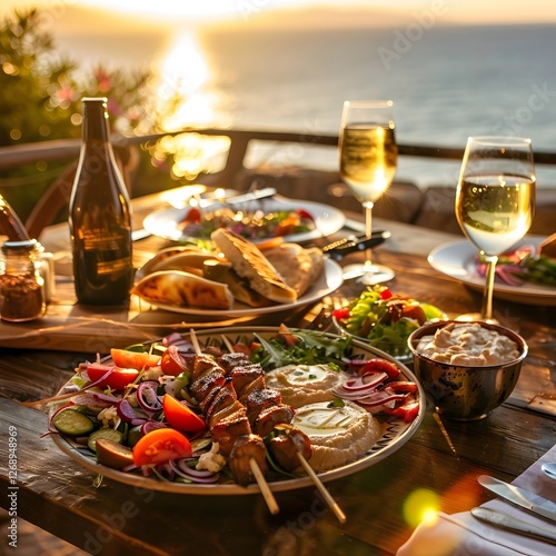Outdoor Dining Greek Salad Lunch Food grilled skewers and Hummus Mediterranean cuisine with Wine