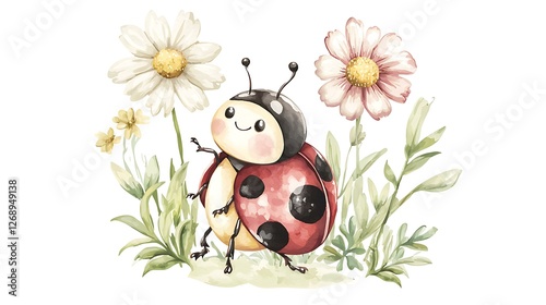 Chibi-style ladybug with a tiny round body, soft watercolor red wings, and a cheerful expression, crawling on a white background