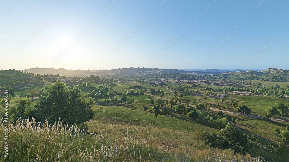 Fototapeta premium Panoramic rural landscape, sunrise over rolling hills, small town nestled in valley. Possible use nature, travel, games