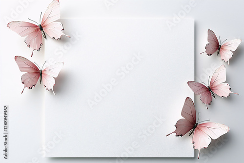White blank invitation card and pink butterflies on a white background
