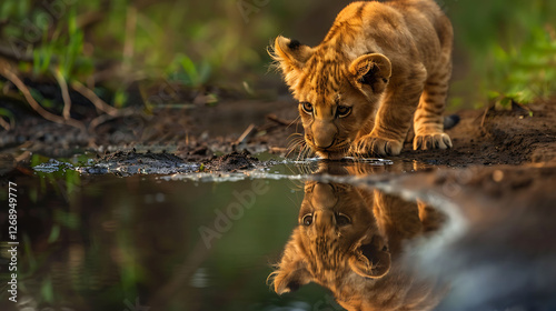 An adorable little lion cub is observing its own reflection in the water as it strolls along the path