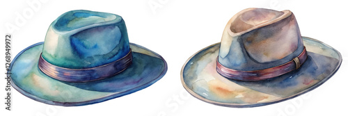 Watercolor hat illustration, stylish fedora design, artistic rendering, soft colors, fashion accessory, creative artwork.