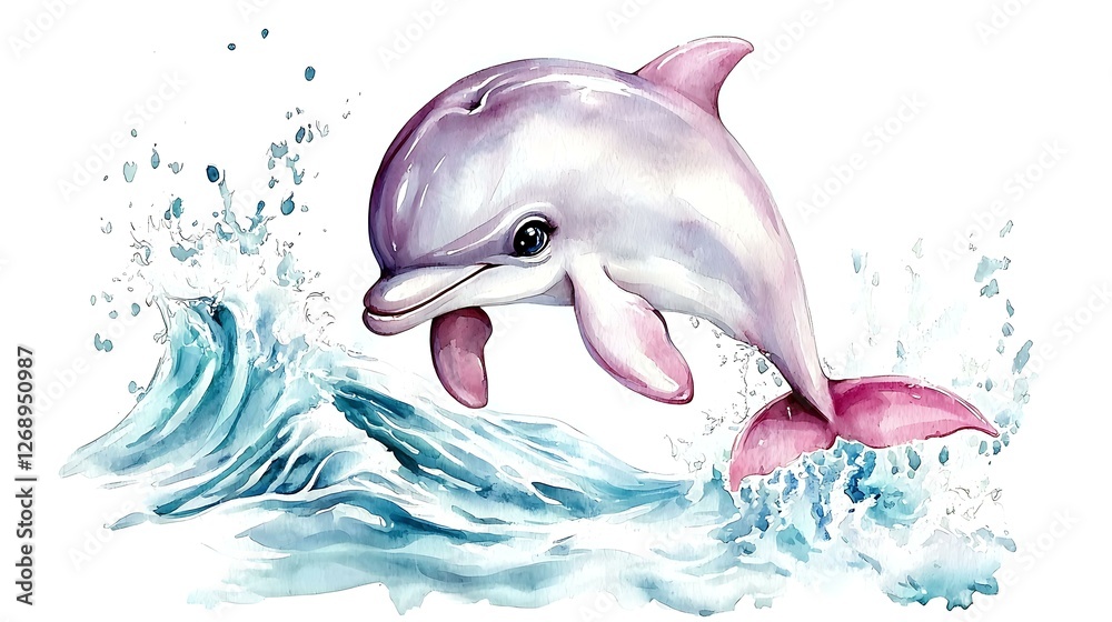 Obraz premium Cute chibi dolphin jumping from the ocean, making a tiny splash, soft watercolor waves, white background