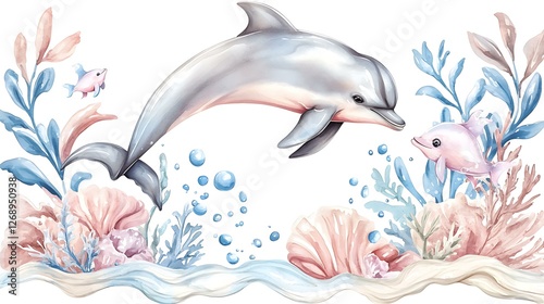 Cute chibi dolphin jumping from the ocean, making a tiny splash, soft watercolor waves, white background