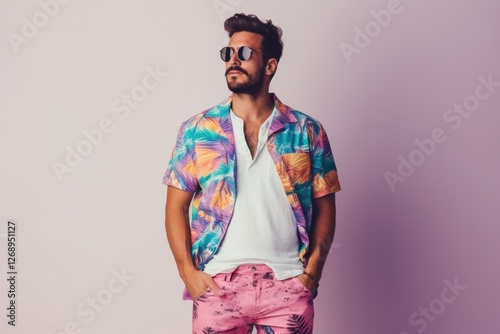 A man in a colorful shirt and shorts is standing in front of a white wall