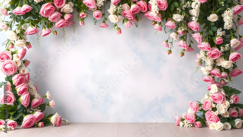 Floral border of pink roses surrounding a light background, ideal for wedding invitations, romantic designs, or nature-themed decorative art projects photo