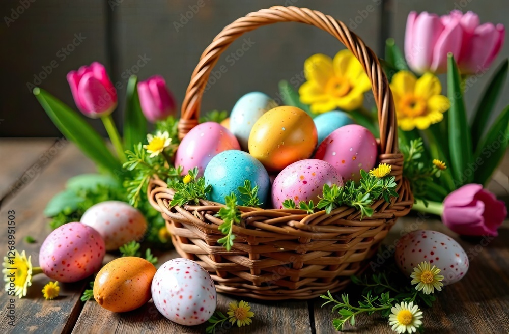 Easter composition. Easter eggs in a basket with flowers Easter composition. Easter eggs in a basket with flowers