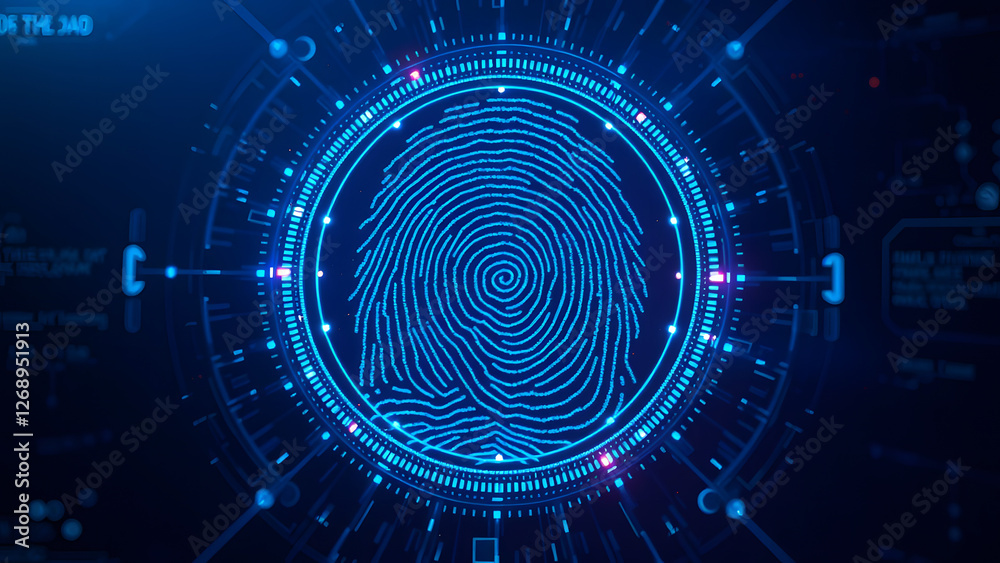 Futuristic digital fingerprint with technology circuit design, symbolizing security, identity verification, and biometric data in a tech-focused world Futuristic digital fingerprint with technology circuit design, symbolizing security, identity verification, and biometric data in a tech-focused world