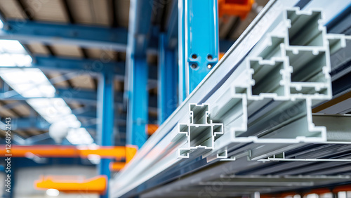 Industrial warehouse with steel beams and metal structures, representing manufacturing, heavy industry, engineering, and factory environments photo