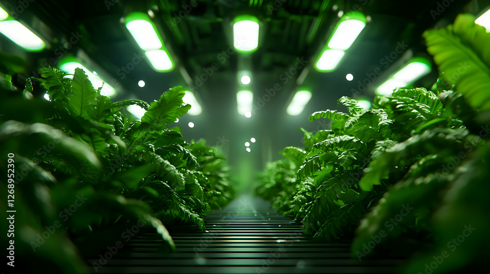 Indoor Vertical Farming with Rows of Green Plants Under Artificial Lights in a Futuristic and Sustainable Environment Indoor Vertical Farming with Rows of Green Plants Under Artificial Lights in a Futuristic and Sustainable Environment