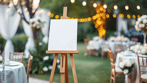 Outdoor wedding reception with blank canvas on an easel, representing event planning, art display, and personalized wedding decorations photo