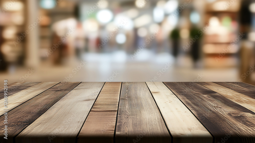 Empty Wooden Table with Blurred Modern Shopping Mall Interior – Ideal for Product Display, Retail Marketing, E-Commerce, and Store Promotions