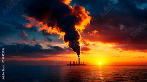 Industrial Factory Silhouette Emitting Smoke at Vivid Sunset Over Calm Ocean Landscape