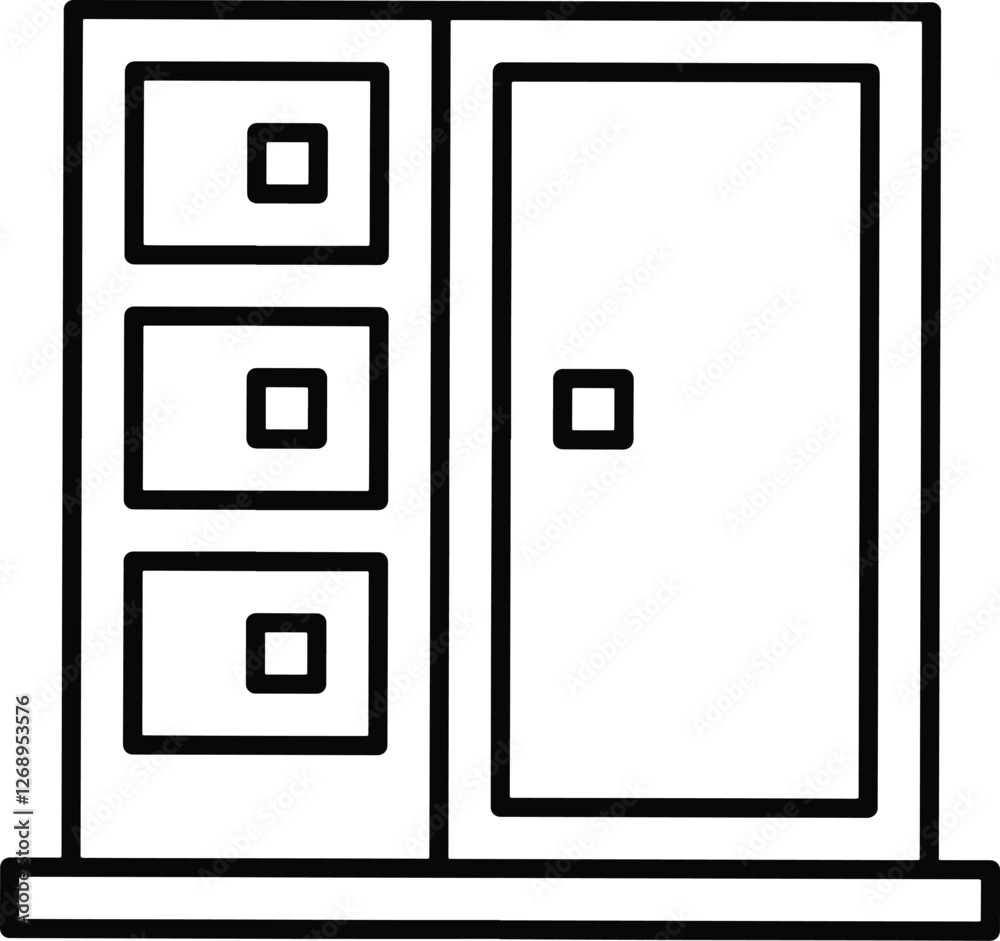 A black and white graphical depiction of a wardrobe featuring cabinets and drawers in an outlined style. Simple storage design executed in a minimalist fashion. A black and white graphical depiction of a wardrobe featuring cabinets and drawers in an outlined style. Simple storage design executed in a minimalist fashion.