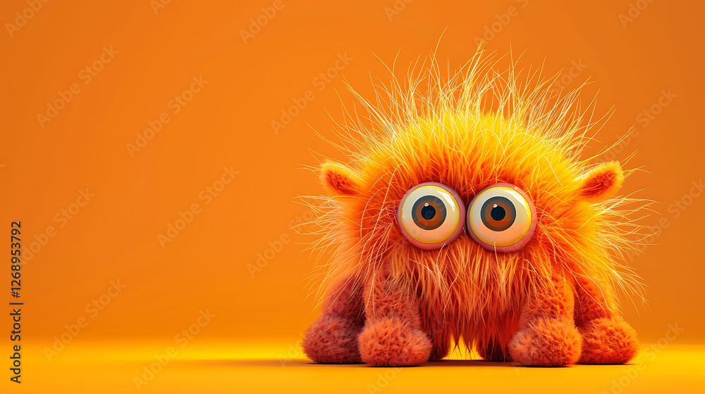 Fototapeta premium Cute orange furry monster isolated on a orange background