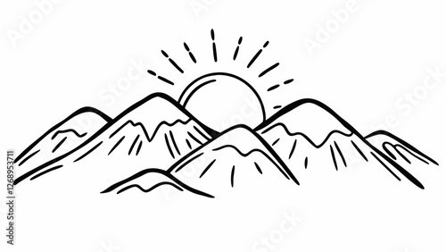 vector illustration of a mountain landscape, A delicate line art of a mountain range with a sun rising behind it, using single continuous strokes.