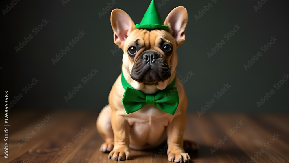 A brown and white bulldog wearing a charming green hat and bow tie. St. Patrick's Day.