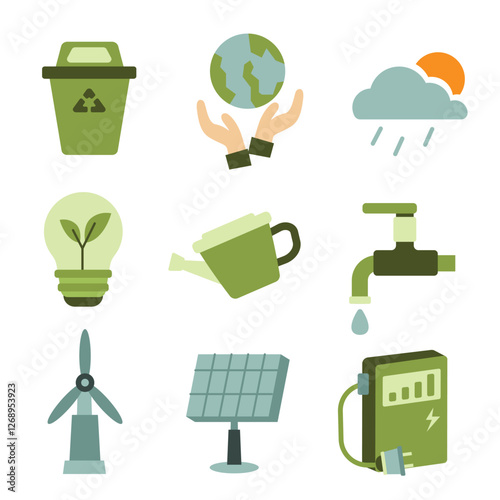 Green energy vector icon set, flat design illustration, environmental alternative energy, renewable energy clip art
