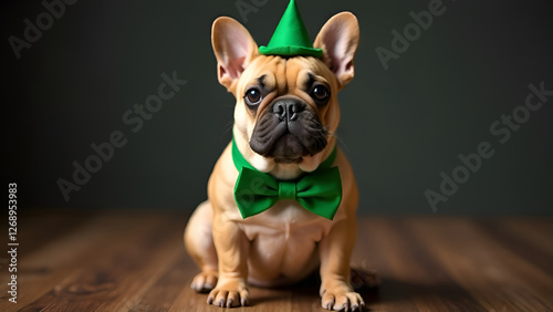 Obraz na płótnie A brown and white bulldog wearing a charming green hat and bow tie. St. Patrick's Day. w salonie