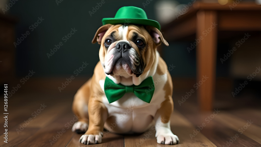 A brown and white bulldog wearing a charming green hat and bow tie. St. Patrick's Day.