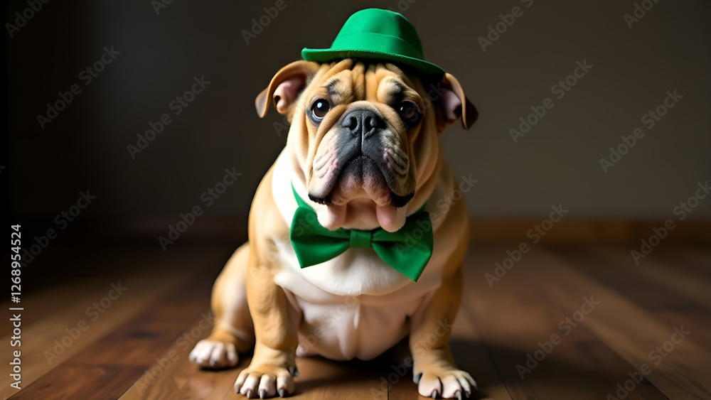 A brown and white bulldog wearing a charming green hat and bow tie. St. Patrick's Day.
