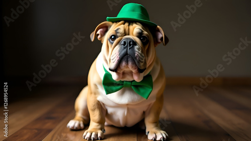 Obraz na płótnie A brown and white bulldog wearing a charming green hat and bow tie. St. Patrick's Day. w salonie