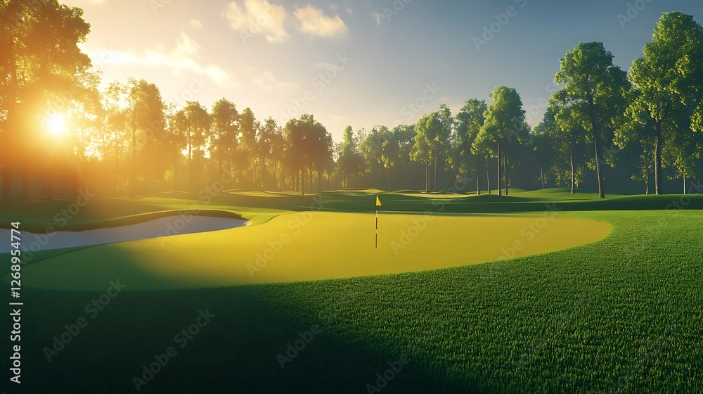 Naklejka premium Vibrant golf course embracing early sunlight wallpapers