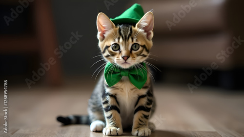 A cute little kitten is wearing a bright green hat and a bow tie. St. Patrick's Day.