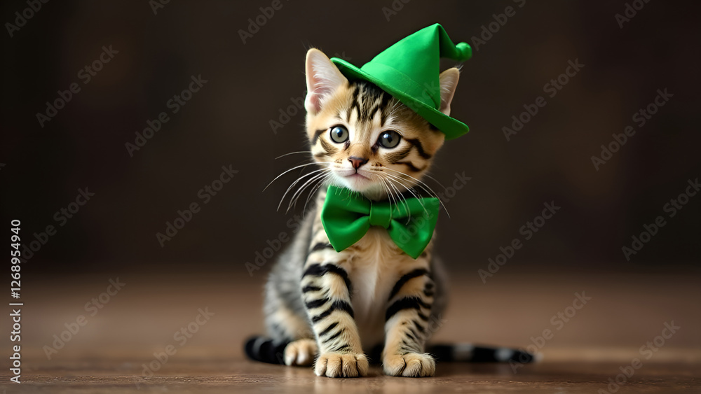A cute little kitten is wearing a bright green hat and a bow tie. St. Patrick's Day.