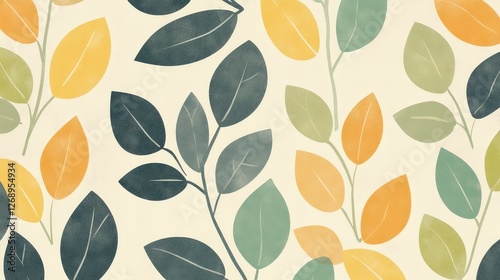 A repeating pattern of stylized leaves in muted tones of green, yellow, and brown, creating a calm, nature-inspired aesthetic perfect for environmental or organic branding