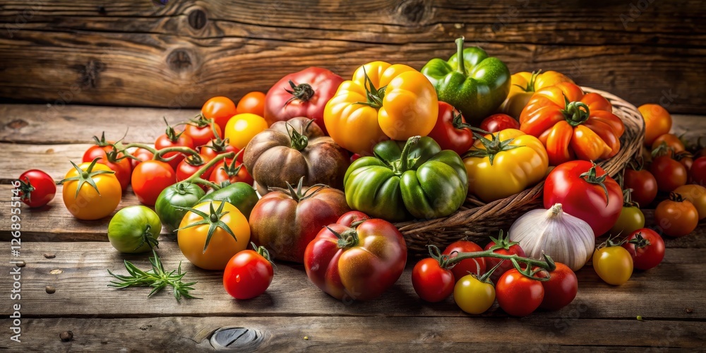 Assorted Fresh Heirloom Tomatoes with Garlic on Rustic Wooden Table Assorted Fresh Heirloom Tomatoes with Garlic on Rustic Wooden Table