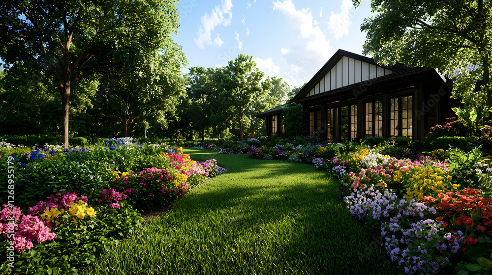 Fototapeta premium Lush Garden with Colorful Flowers and Traditional House Exterior in Summertime
