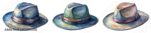 Watercolor hat illustrations, stylish design, artistic expression, vintage fashion, colorful palette, creative artwork.