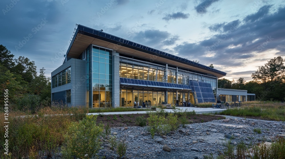 A research facility focused on renewable energy, where scientists work with solar panels, wind turbines, and hydroelectric systems to harness sustainable power. A research facility focused on renewable energy, where scientists work with solar panels, wind turbines, and hydroelectric systems to harness sustainable power.