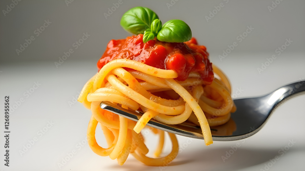 Delicious spaghetti with fresh tomato sauce and basil, on a fork